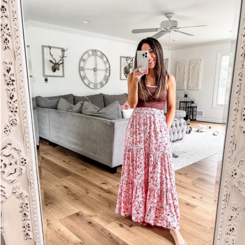 Floral Pink Maxi Skirt – Lightweight Tiered Summer Skirt
